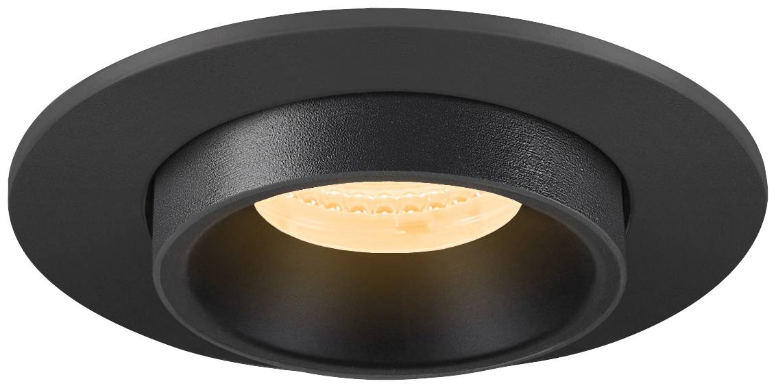 Schwarze runde Einbauleuchte mit warmem Lichtschein, geeignet für moderne Innenräume.