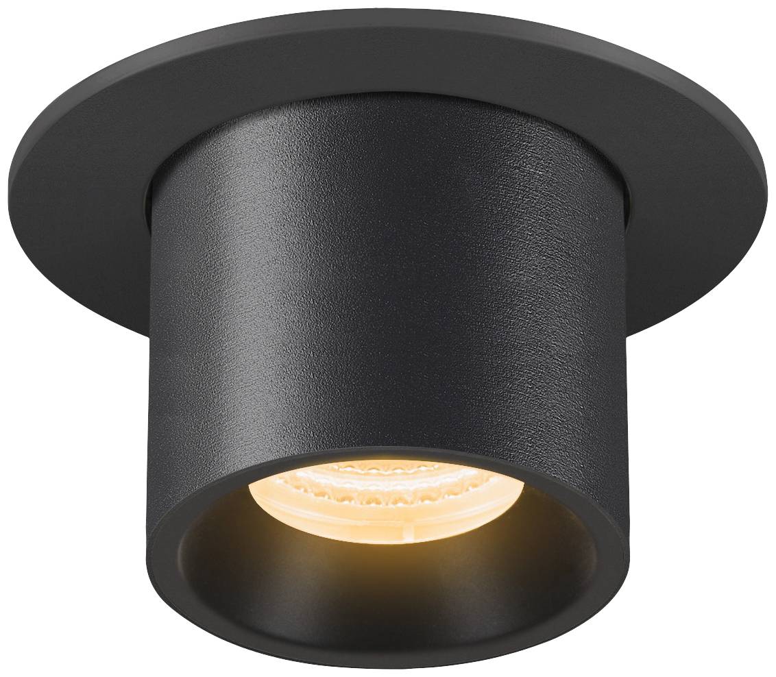 Schwarze, zylindrische Deckenleuchte mit warmem Licht. Ideal für moderne Innenräume zur Akzentbeleuchtung.