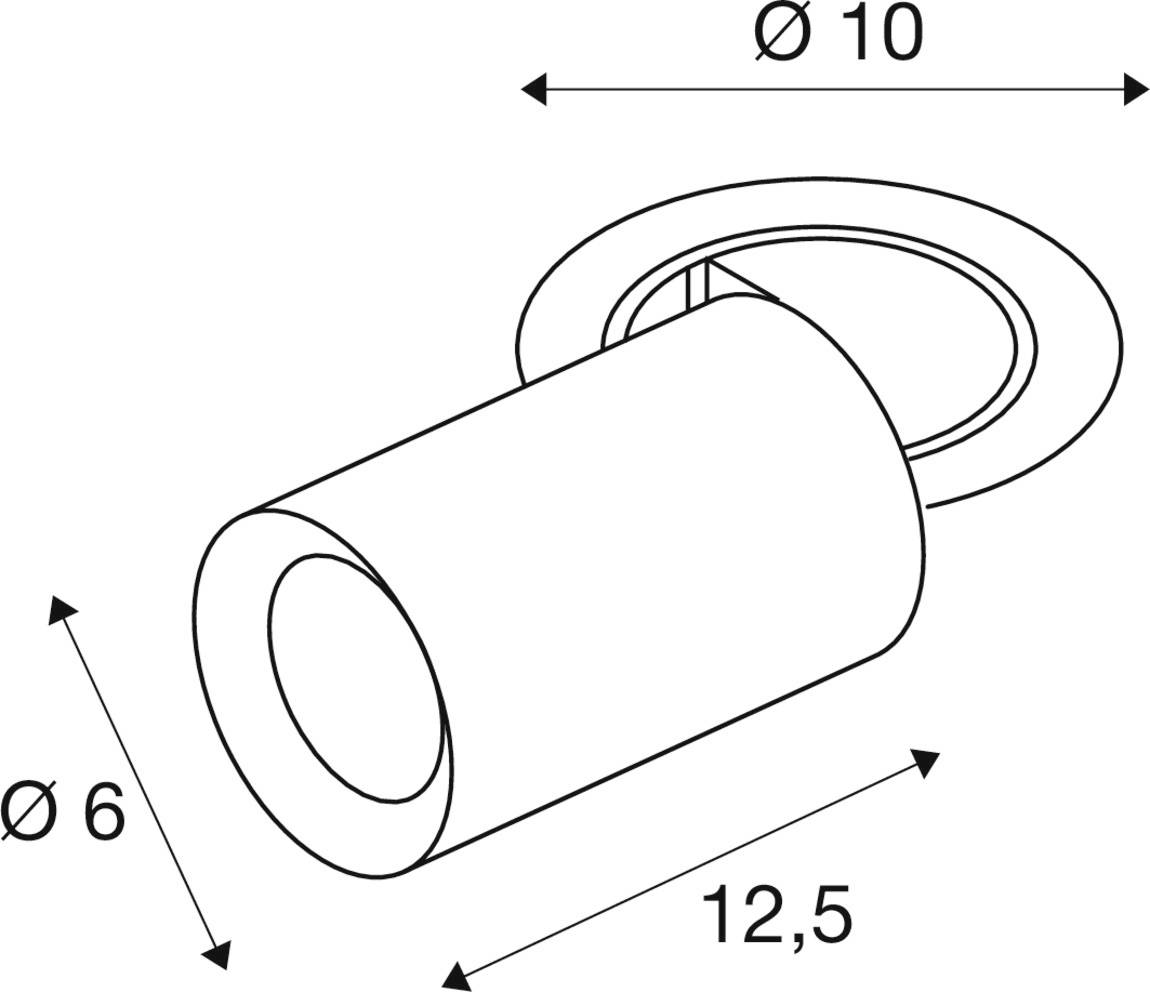 Technische Zeichnung einer zylindrischen Lampe. Der Durchmesser beträgt 10 cm, der Zylinderdurchmesser 6 cm und die Länge 12,5 cm.