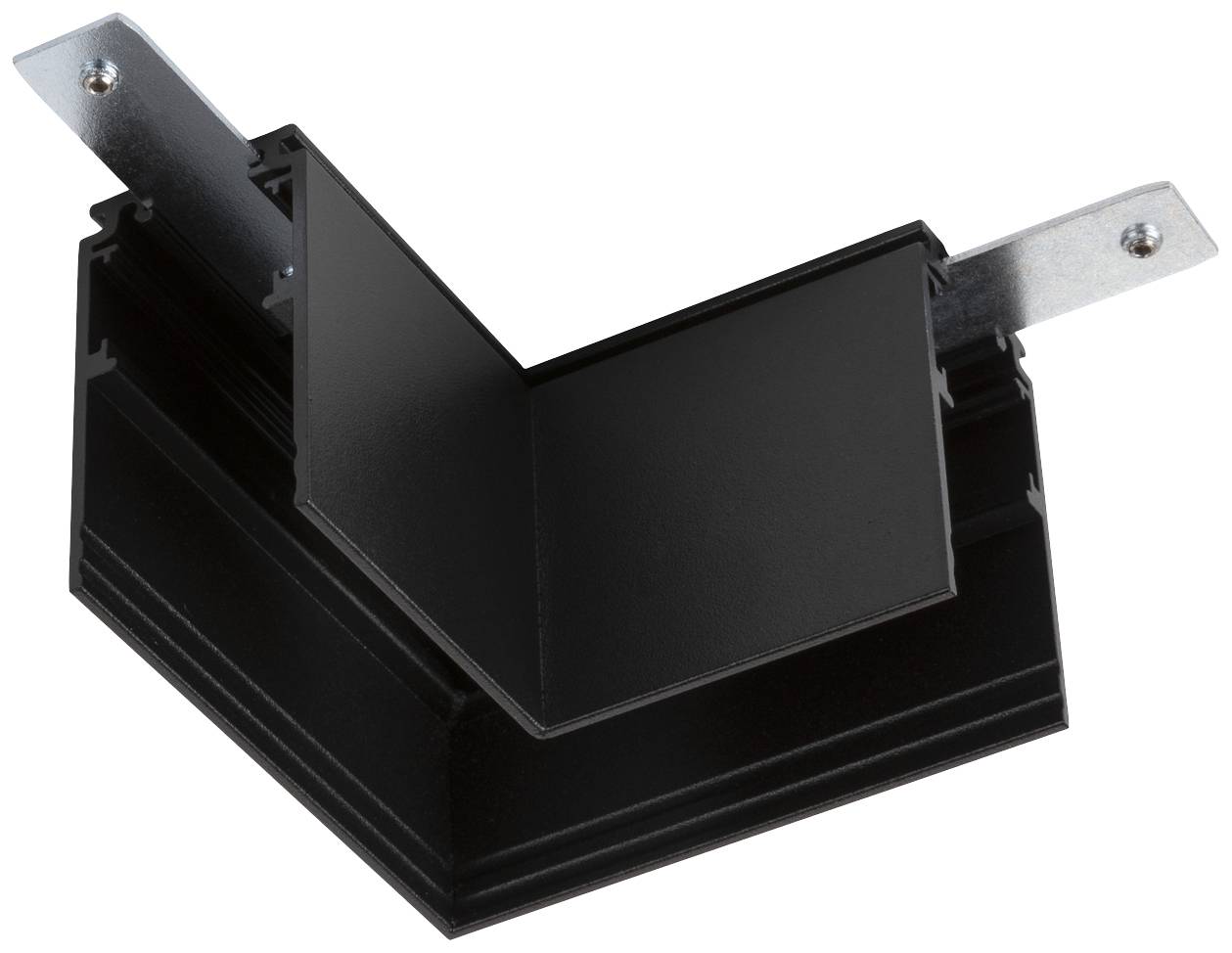 Schwarzes L-förmiges Verbindungselement aus Metall und Kunststoff, das zwei Aluminiumprofile rechtwinklig verbindet.