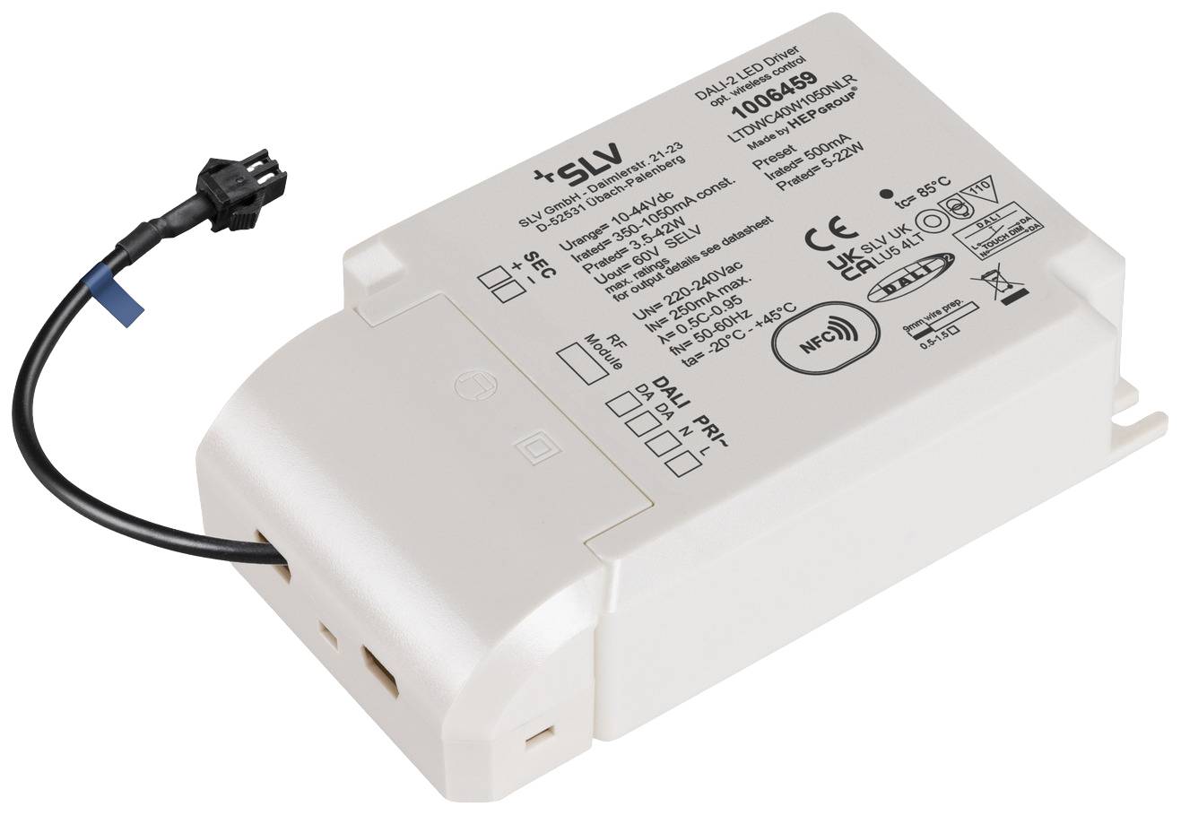 LED-Treiber von SLV, Modell 1004648, mit technischen Spezifikationen und Anschlüssen, verwendet in Beleuchtungssystemen.