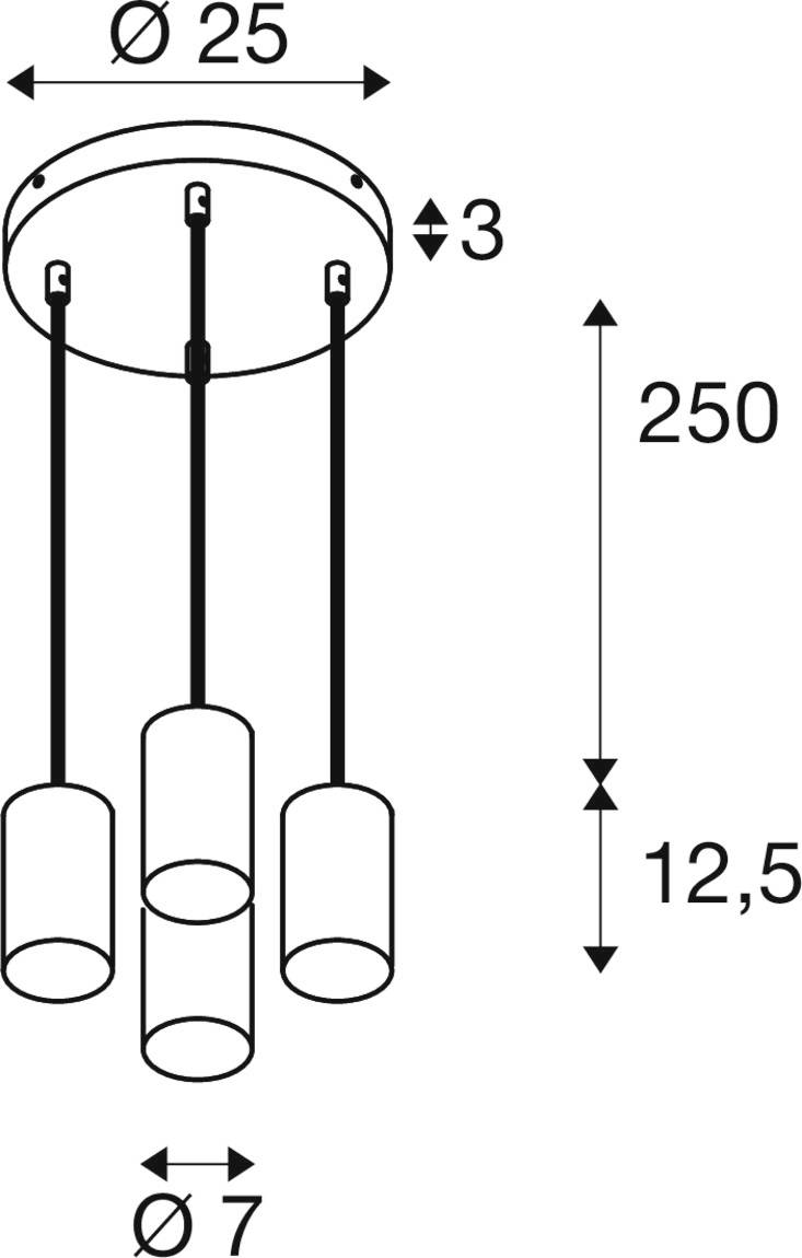 Diagram einer Deckenleuchte mit drei zylindrischen Hängelampen. Maße: Gesamtlänge 250 cm, Lampenabstand 12,5 cm, Durchmesser 7 cm.