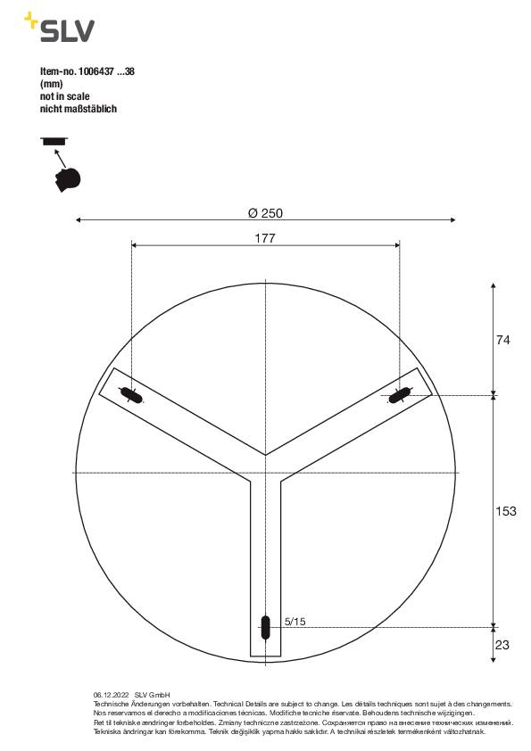 Technische Zeichnung einer runden Leuchte mit drei symmetrisch angeordneten Lichtquellen. Durchmesser: 250 mm. Schraubenanordnung markiert.