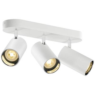 Drei weiße Deckenstrahler, zwei leuchten, einer nicht. Beleuchtung in modernem Design.