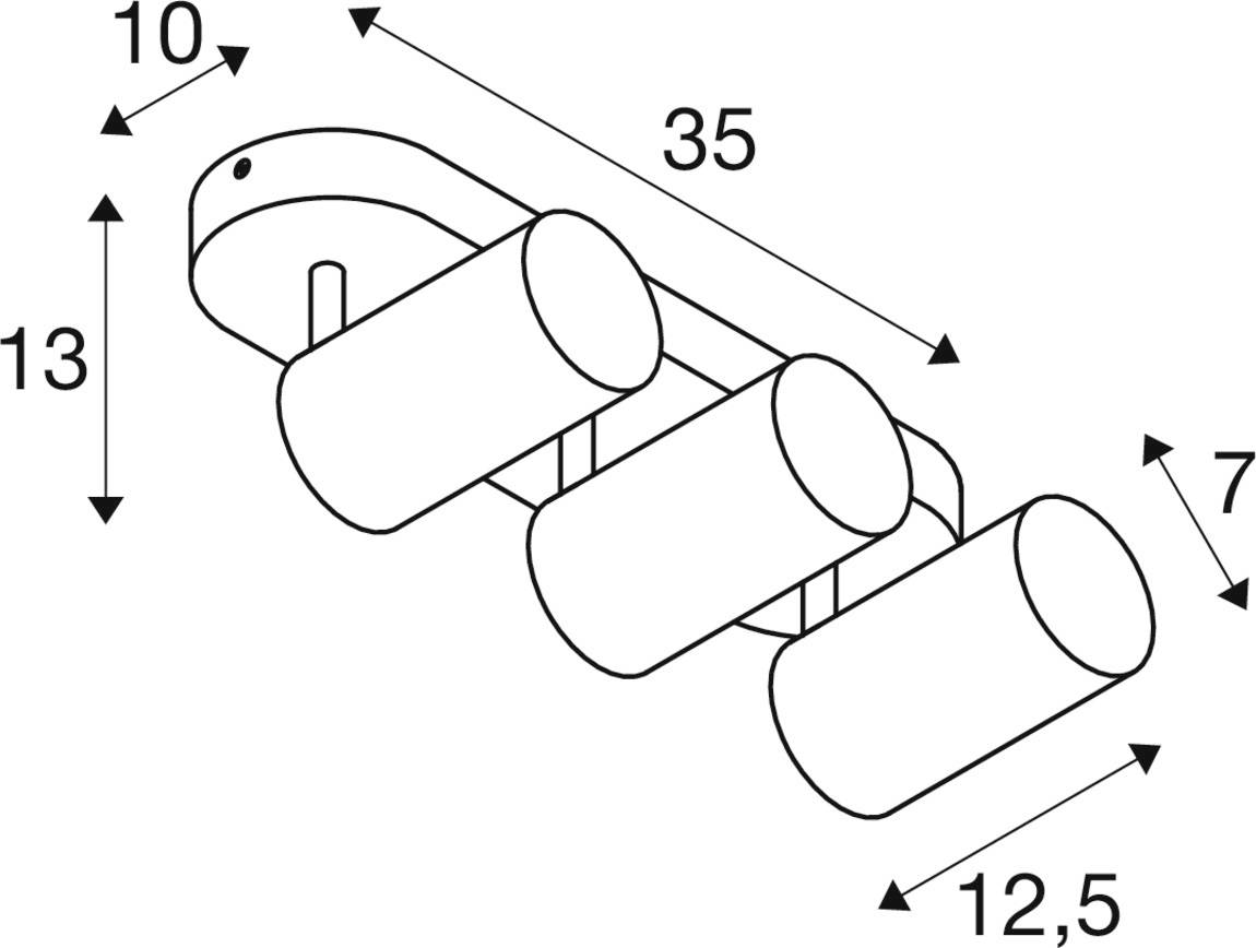 Dreiflammige Deckenleuchte mit zylindrischen Schirmen. Maße: Höhe 13 cm, Breite 35 cm, Tiefe 12,5 cm, Abstand zur Decke 10 cm.