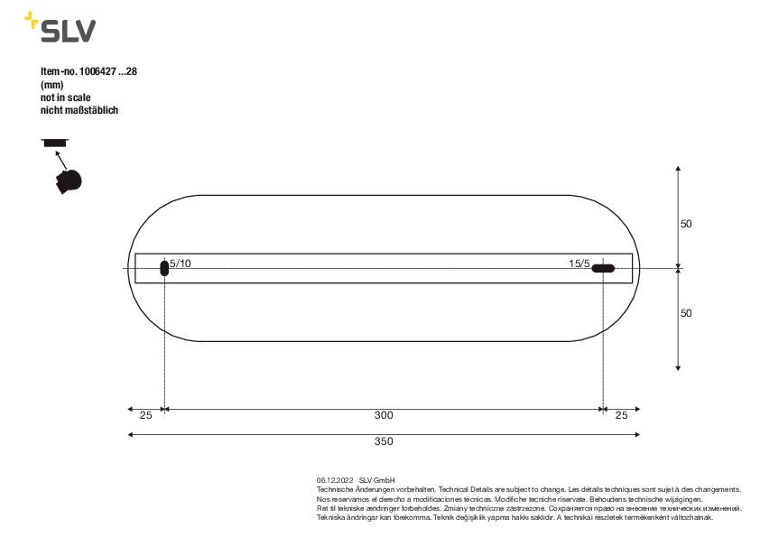 Technische Zeichnung einer ovalen Leuchte, 350 mm lang und 50 mm hoch, mit Beschriftungen und Maßangaben in Millimetern.