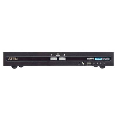 Ein schwarzer KVM-Switch von ATEN mit HDMI und Secure-Port, zwei Tasten zum Umschalten, LED-Anzeigen und Audiobuchsen.