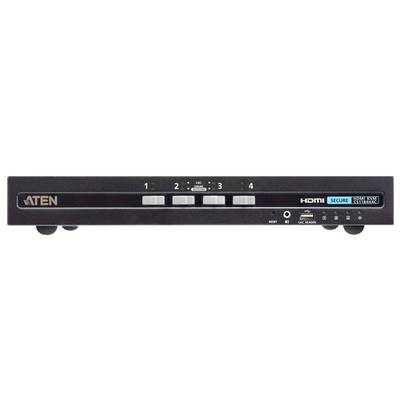 Ein KVM-Switch mit vier HDMI-Eingängen und Kontrollleuchten. Das Gerät hat Tasten zur Kanalumschaltung und einen Kopfhöreranschluss.