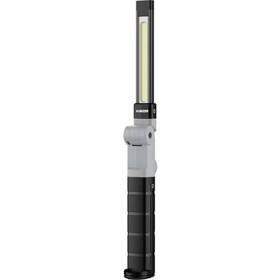 Schwarze tragbare LED-Stablampe in vertikaler Position, mit gelbem Leuchtstreifen und grauem Griff. Ideal für Werkstattarbeiten.