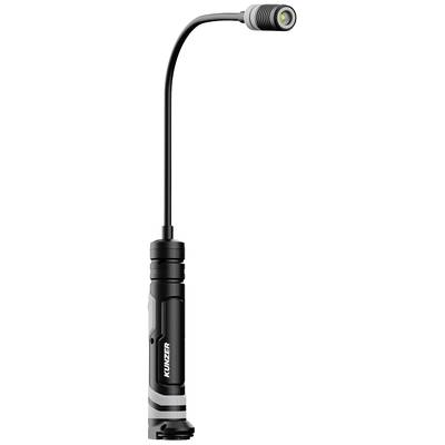 Eine flexible, schwarze LED-Arbeitsleuchte mit langem, biegsamem Hals und schmalem Kopf, ideal zur Ausleuchtung enger Räume.