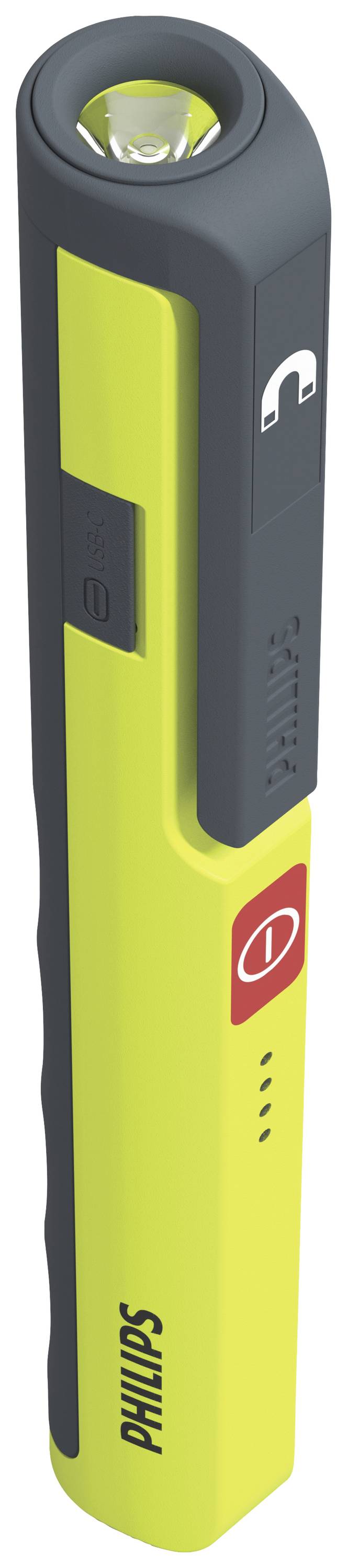 Eine kompakte, gelbe Taschenlampe mit schwarzem Griff und Philips-Logo. Oben eine LED-Lampe, der Griff hat eine Clip-Halterung.