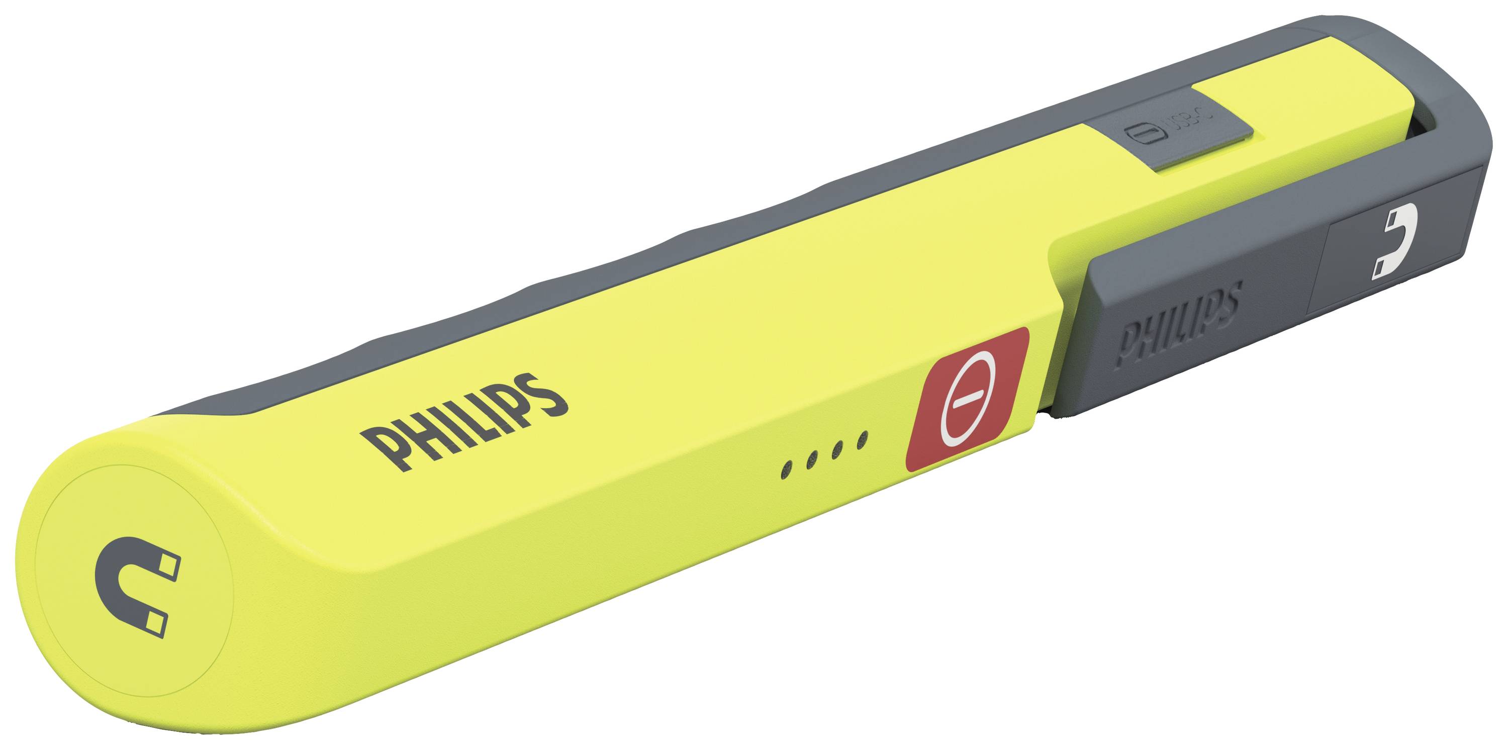 Ein gelbes, stabförmiges Werkzeug mit Philips-Logo, LED-Anzeige und Magnetspitze, wahrscheinlich zum Prüfen elektrischer Spannungen.