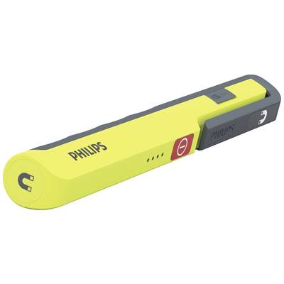 Ein gelbes, stabförmiges Werkzeug mit Philips-Logo, LED-Anzeige und Magnetspitze, wahrscheinlich zum Prüfen elektrischer Spannungen.