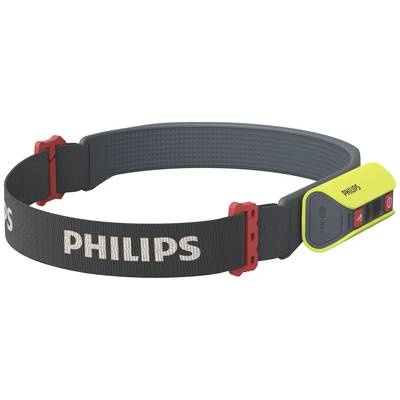 'Philips'-Stirnlampe mit verstellbarem Band und gelbem Gehäuse. Enthält Schalter zum Ein-/Ausschalten an der Seite.