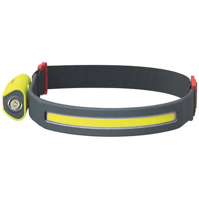 Einfaches Stirnband in Grau mit gelbem, leuchtendem Streifen und seitlich angebrachter kleiner Lampe. Ideal für outdoor Aktivitäten bei Dunkelheit.