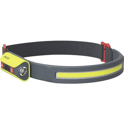Graues und gelbes Stirnbandlicht mit einem Schalter und einem Leuchtstreifen, geeignet für Outdoor-Aktivitäten bei Dunkelheit.