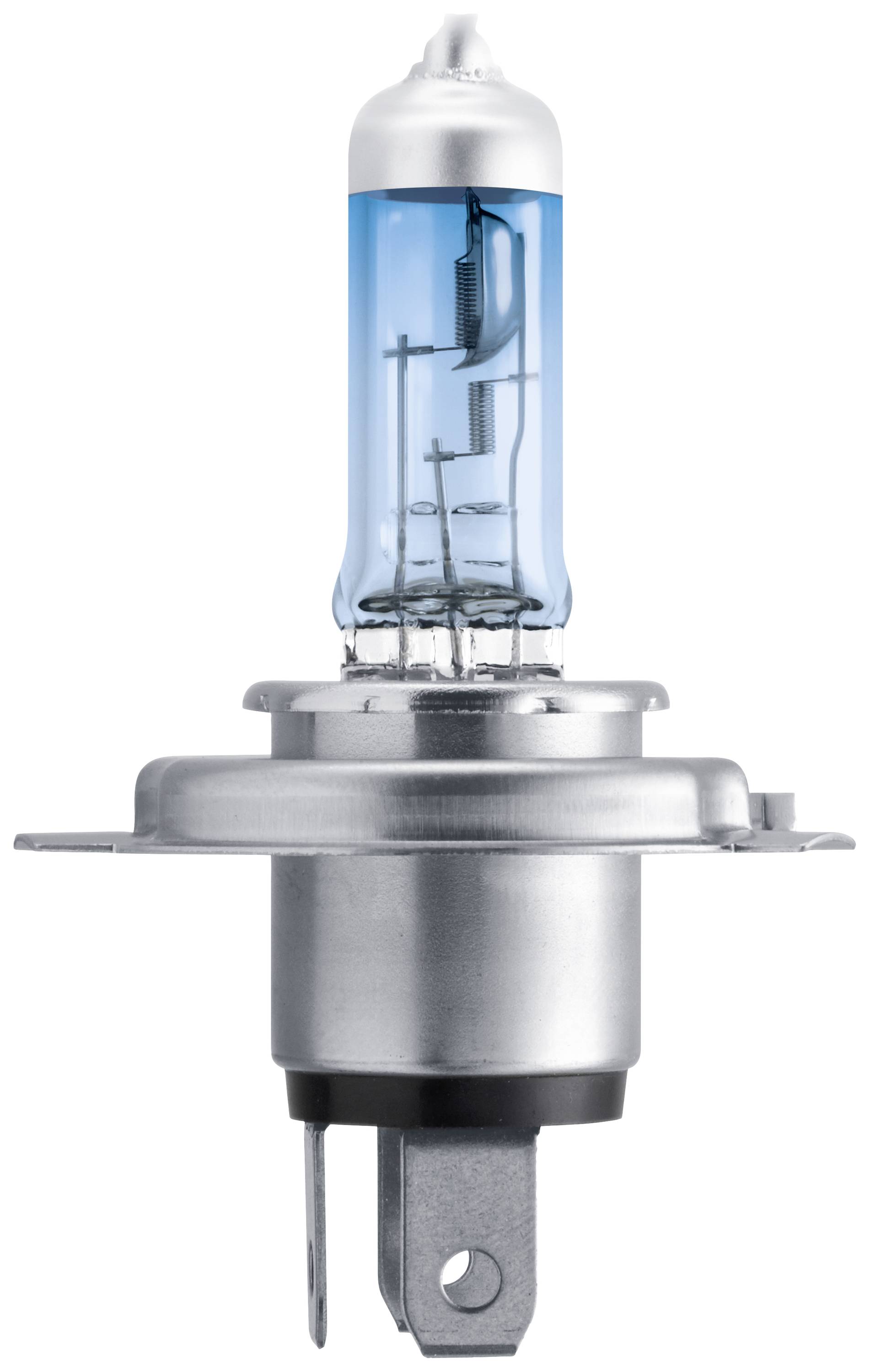 Eine blaue Halogenlampe mit Metallfassung. Sie wird häufig in Autoscheinwerfern verwendet und liefert helles, weißes Licht.