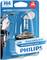 'Philips H4 12V Glühlampe', zeigt Verpackung einer blauen Motorradlampe. Text: 'Sharp white look', 'WhiteVision ultra'.