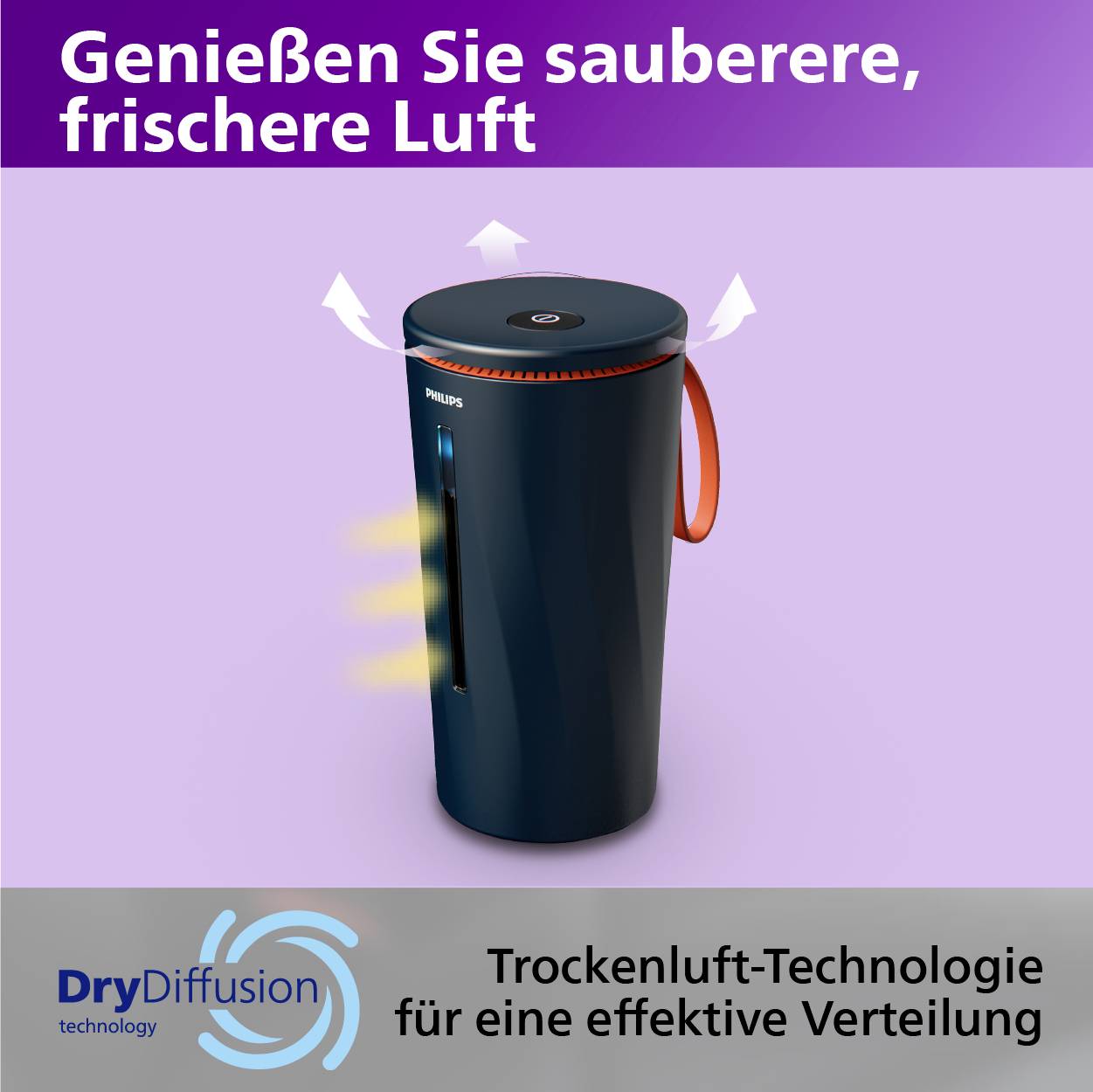 'Luftreiniger mit Text: Genießen Sie sauberere, frischere Luft. Trockenluft-Technologie für eine effektive Verteilung.'