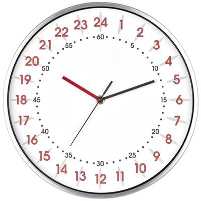 Analoge Uhr mit 24-Stunden-Zifferblatt. Die Stunden 13 bis 24 sind in Rot, 1 bis 12 in Schwarz gekennzeichnet. Uhr zeigt 10:10 Uhr.