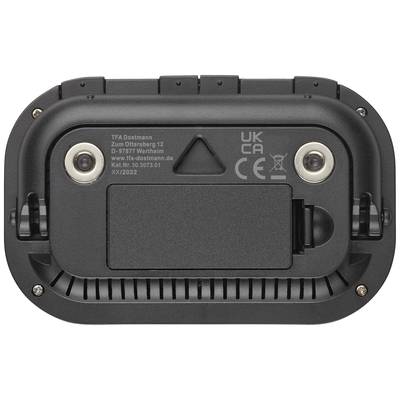 Das Bild zeigt die Unterseite eines elektronischen Geräts mit dem Aufdruck 'TFA Dostmann, Zum Ottersberg 12, D-97877 Wertheim'.