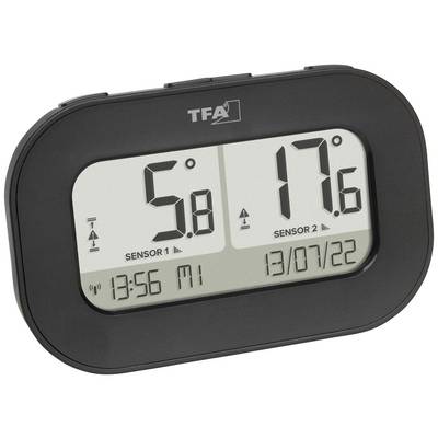 Digitales Thermometer zeigt '5,8°C' für Sensor 1 und '17,6°C' für Sensor 2 an. Datum und Uhrzeit: 13:56, Mi, 13/07/22.
