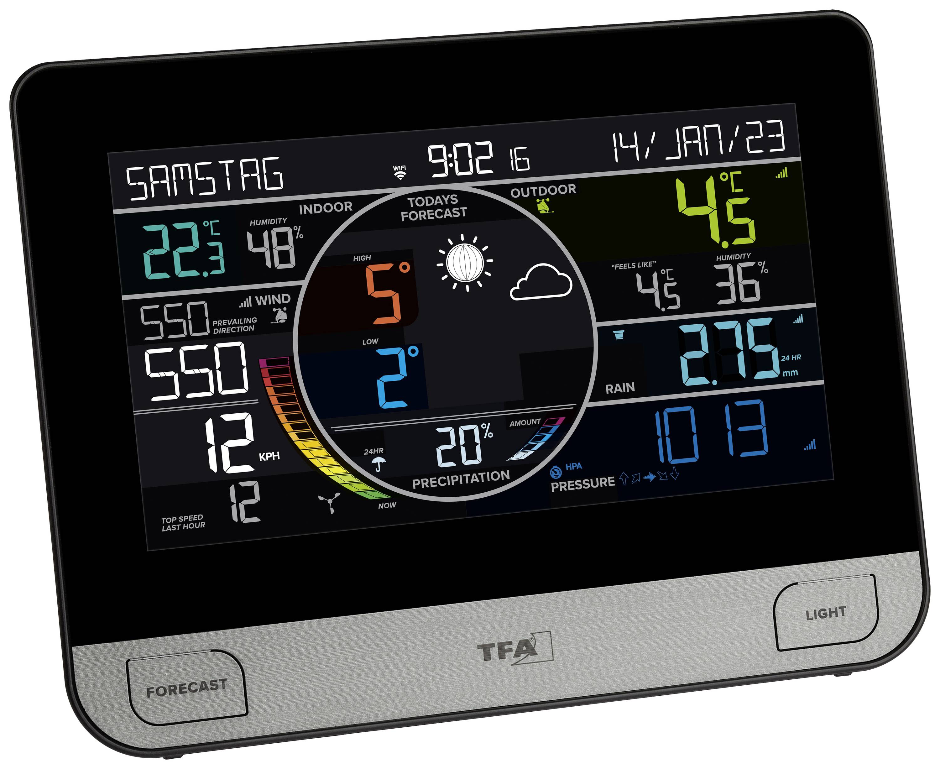Digitales Wetterdisplay zeigt 'Samstag', Datum, Uhrzeit, Innen- und Außentemperatur, Feuchtigkeit, Windgeschwindigkeit, Niederschlag und Wettervorhersage.