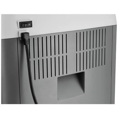 Ein Drucker von hinten mit Netzkabel und Netzschalter oben links, zeigt Lüftungsschlitze und eine Mulde zur besseren Handhabung.
