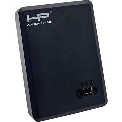 Schwarze Auto-Zubehörbox mit 'HP Autozubehör' Logo, ausgestattet mit einem USB-Anschluss und einem Schalter mit den Beschriftungen 'I' und 'O'.