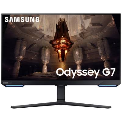 'Samsung Odyssey G7' Monitor mit futuristischer Szenerie auf dem Bildschirm und markanten blauen Akzentlichtern an der Basis.