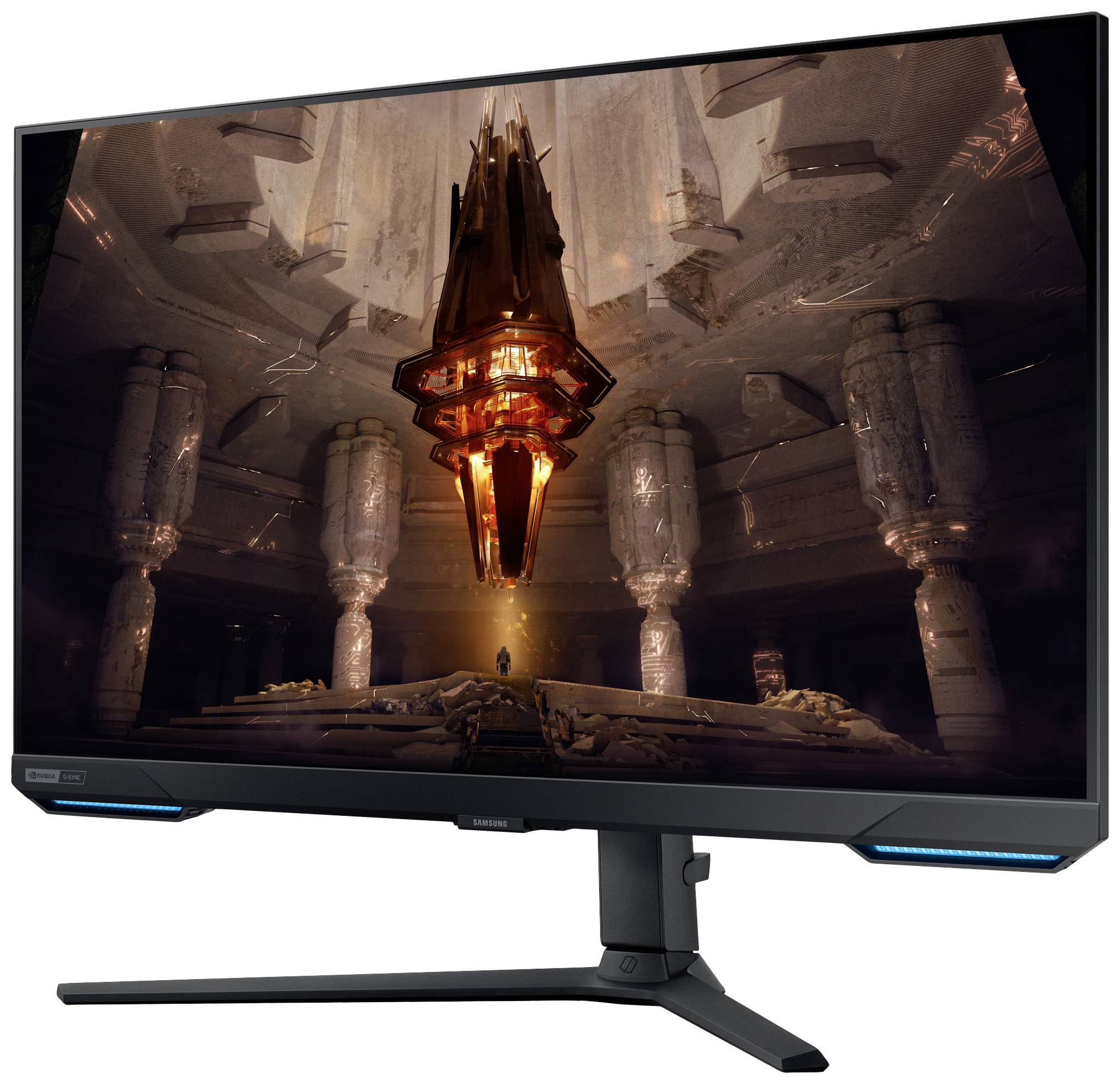 Ein futuristischer Monitor zeigt ein verwunschen wirkendes Tempelinnere mit einem schwebenden, leuchtenden Obelisken und einer Figur.