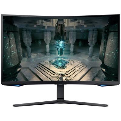 Ein geschwungener Monitor zeigt ein futuristisches Bild mit leuchtenden türkisfarbenen Lichtern und geometrischen Strukturen.