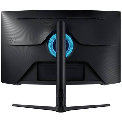 Ein schwarzer Gaming-Monitor von hinten, mit blau leuchtendem Kreis in der Mitte. Der Monitor steht auf einem V-förmigen Standfuß.
