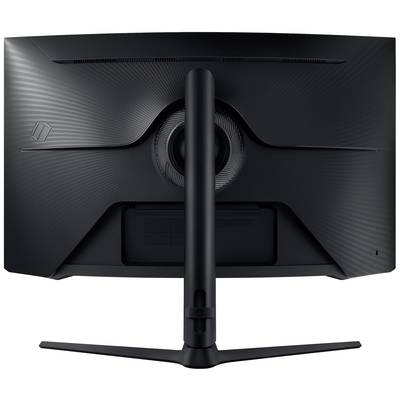 Schwarzer Monitor von hinten, zeigt ein schlankes Design mit abgerundeten Kanten und schlankem Standfuß. Ideal für moderne Büros.