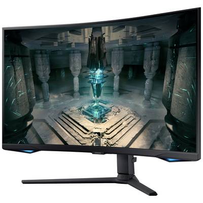 Ein gebogener Gaming-Monitor zeigt eine Videospielszene mit futuristischer Architektur und leuchtendem blauen Licht in der Mitte.