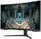 Ein gebogener Gaming-Monitor zeigt eine Videospielszene mit futuristischer Architektur und leuchtendem blauen Licht in der Mitte.