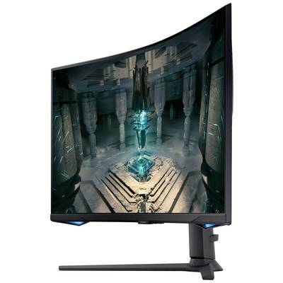 Ein gebogener Gaming-Monitor zeigt eine futuristische, sci-fi-Szene mit leuchtendem, blauem Kristall in einer antiken Tempelumgebung.