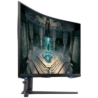 Ein gekrümmter Gaming-Monitor mit einem Science-Fiction-Bildschirmhintergrund, der eine futuristische Architektur in Blau- und Grautönen zeigt.