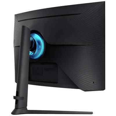 Schwarzer Computermonitor von hinten, mit blau leuchtendem Ring in der Mitte. Der Bildschirm steht auf einem schlanken Standfuß.