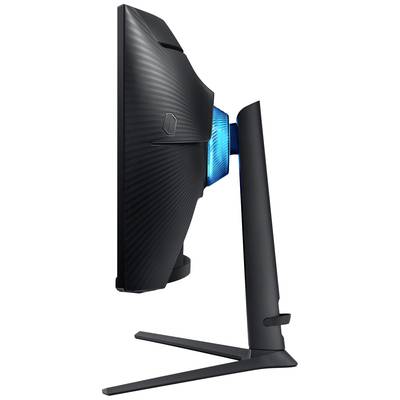 Schwarzer gebogener Gaming-Monitor im Profilansicht, mit blau leuchtendem Rückenteil und robustem Ständer.