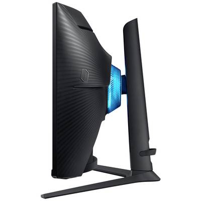 Ein moderner, seitlich stehender Computerspielmonitor mit blauem Leuchteffekt und strukturiertem Gehäuse.