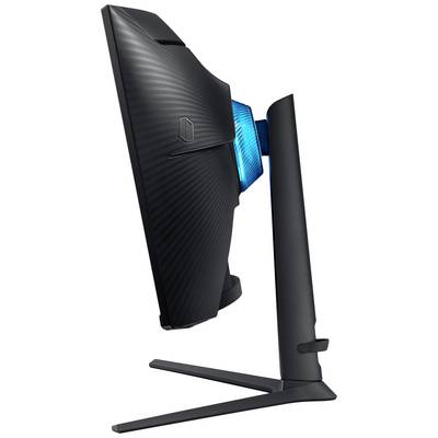 Schlanker, seitlich aufgenommener Computerbildschirm mit futuristischem Design und leuchtend blauem Akzent auf der Rückseite.
