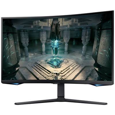 Ein gebogener Gaming-Monitor mit einem futuristischen, leuchtenden blauen Kristalldesign auf dem Bildschirm in einem Säulenraum.