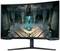 Ein gebogener Gaming-Monitor mit einem futuristischen, leuchtenden blauen Kristalldesign auf dem Bildschirm in einem Säulenraum.