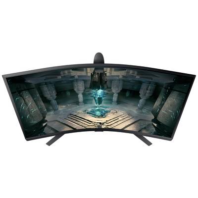 Gebogener Monitor mit einem Fantasy-Spiel auf dem Bildschirm, das eine mystische Höhle mit leuchtendem Kristall und Säulen zeigt.