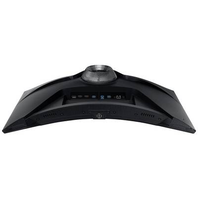 'Schwarzer gebogener Monitor von hinten betrachtet. Zeigt Anschlüsse wie HDMI, DisplayPort, USB, Ethernet auf einer gebogenen Rückseite.'