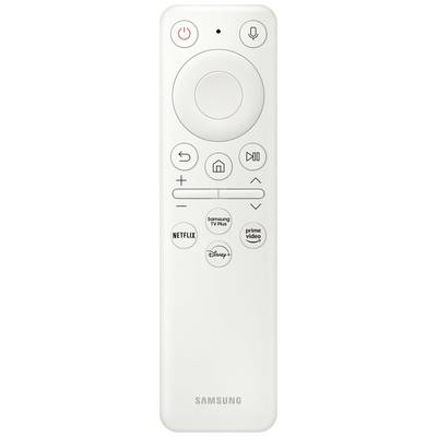 Weiße Fernbedienung mit Tasten für Lautstärke, Kanäle und Streaming-Dienste wie Netflix, Prime Video und Disney+.