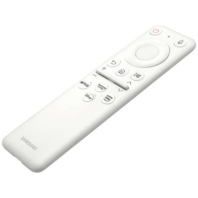 Eine weiße Samsung-Fernbedienung mit Knopf für 'Netflix' und 'Prime Video'.runde Navigationstasten und Stromschalter oben.
