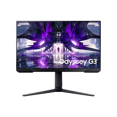 Ein Computermonitor zeigt ein futuristisches, neonbeleuchtetes Raumschiff-Design mit der Aufschrift 'Odyssey G3' unten rechts auf dem Bildschirm.