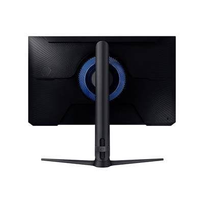 Rückansicht eines schwarzen Computerbildschirms mit einem blauen Ring in der Mitte. Der Monitor steht auf einem schlanken Standfuß.